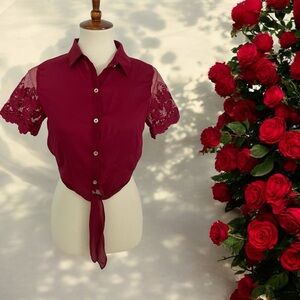 Burgandy/ Wine Colored Blouse with‎ Front Tie Button-down Lace Sleeves